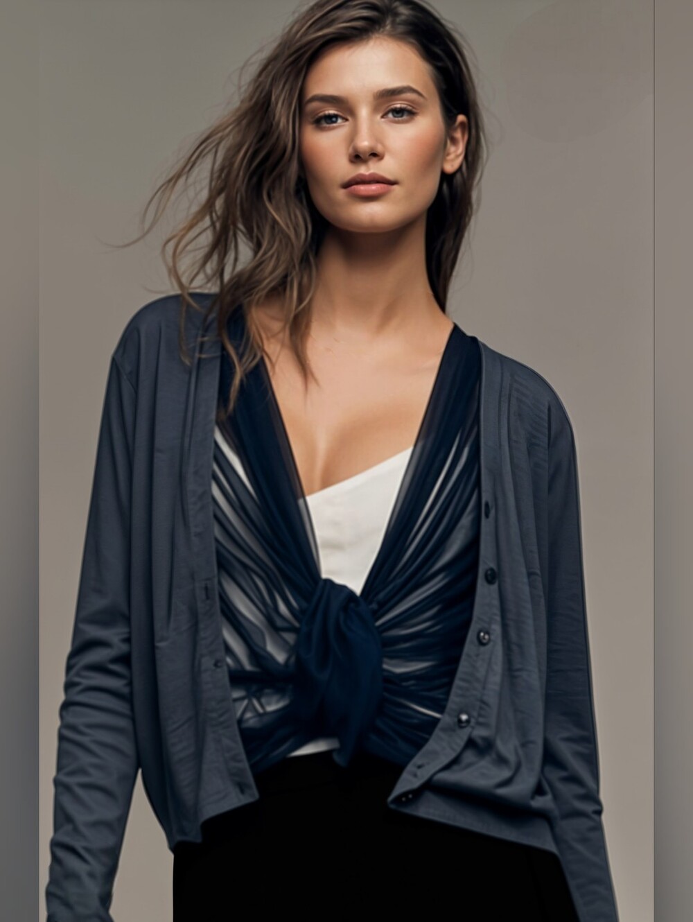 Simply Vera Vera Wang Gray Button-Down Cardigan With Attached Chiffin Scarf